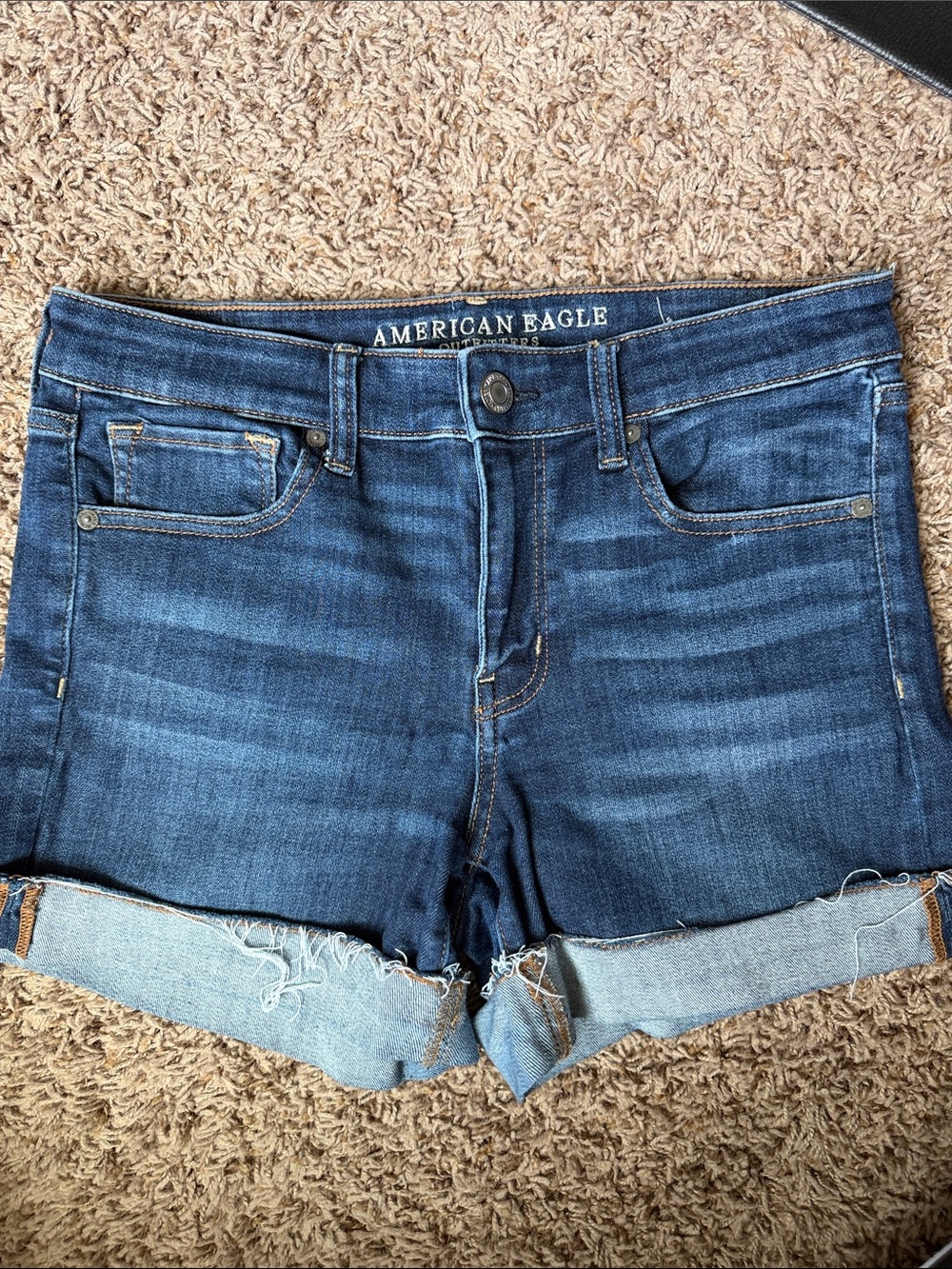 American Eagle Outfitters Dark Blue Denim Midi Rolled Cutoff Shorts